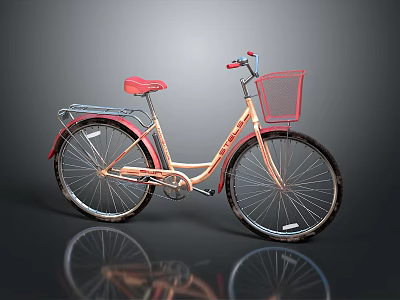 Vintage Bicycle With Red Seat Front Basket Rear Rack And Light Beige Frame 3d model