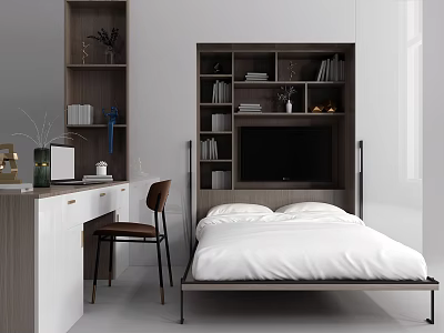 Modern Double Bed Interior With Bookshelf TV Cabinet And Desk 3d model