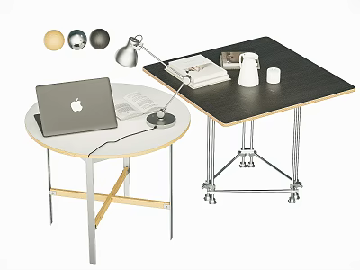 Modern Dining Table Combination With Round White And Square Black Tables Laptop Lamp Books 3d model