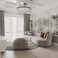 Stylish Living Room Interior With Beige Sofa Colorful Cushions Round Crystal Chandelier And Decorative Wall