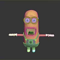 Yellow Cartoon Character With Big Eyes Blue Overalls Open Arms And Open Mouth