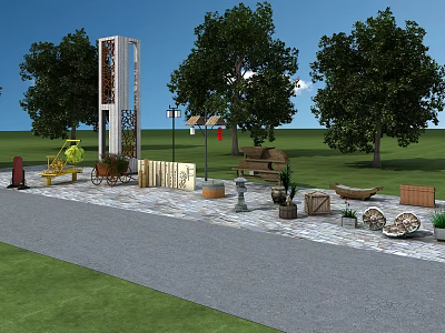 Garden Ornaments Featuring Trees Bench Planters Decorative Column Lanterns And Stone Pathway 3d model