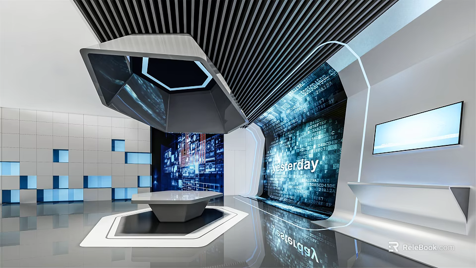 Futuristic Exhibition Hall With Hexagonal Platform Large Digital Screens And Blue Tech Background 3d model 