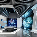 Futuristic Exhibition Hall With Hexagonal Platform Large Digital Screens And Blue Tech Background