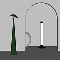 Modern Green Cone and Black Cylinder Floor Lamps with Yellow Light in Grey Wall Archway