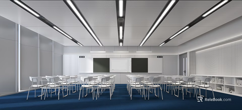 Modern School Classroom With Neat White Desks Chairs Blue Carpet Blackboards Whiteboard Strip Ceiling Lights 3d model 
