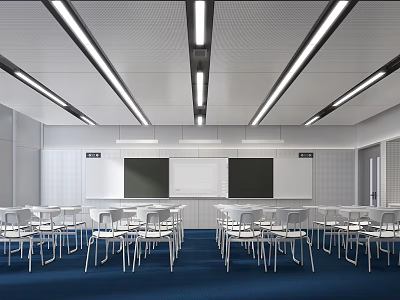 Modern School Classroom With Neat White Desks Chairs Blue Carpet Blackboards Whiteboard Strip Ceiling Lights 3d model