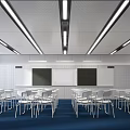 Modern School Classroom With Neat White Desks Chairs Blue Carpet Blackboards Whiteboard Strip Ceiling Lights