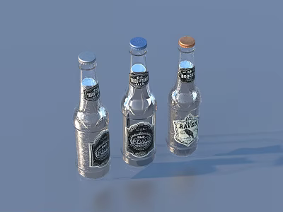 Transparent Glass Bottles with Silver Blue and Brown Caps and Labels on the Body 3d model