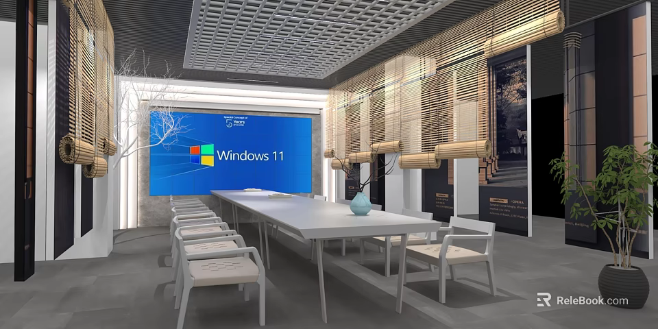 Modern Conference Room With Large Screen Displaying Windows 11 Long Table Chairs And Latticed Ceiling 3d model 