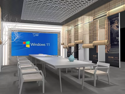 Modern Conference Room With Large Screen Displaying Windows 11 Long Table Chairs And Latticed Ceiling 3d model