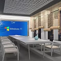 Modern Conference Room With Large Screen Displaying Windows 11 Long Table Chairs And Latticed Ceiling