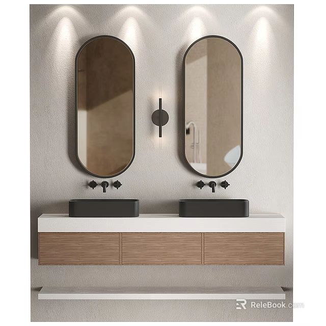 Modern Bathroom Vanity With Double Black Sinks Oval Mirrors Wall Sconce And Wooden Cabinets 3d model 