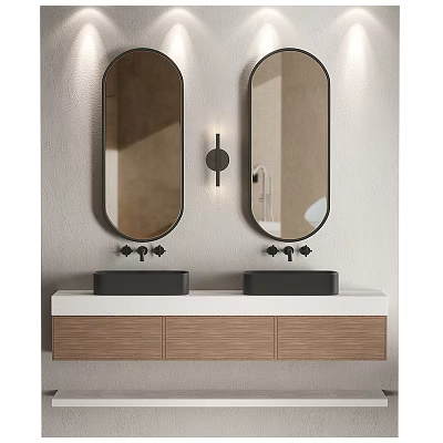 Modern Bathroom Vanity With Double Black Sinks Oval Mirrors Wall Sconce And Wooden Cabinets 3d model