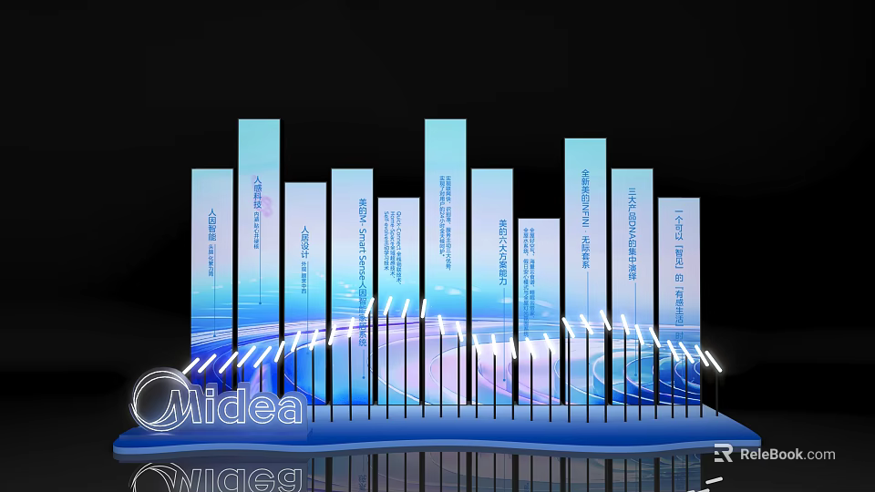 Midea Modern Exhibition Display With Blue Pillars And Text Content Setup 3d model 