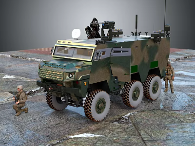 Military Tank Featuring Camouflage Paint Six Wheeled Design Soldiers And Mounted Weapons 3d model