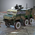 Military Tank Featuring Camouflage Paint Six Wheeled Design Soldiers And Mounted Weapons