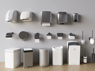 Modern Washroom Daily Electrical Appliances Display With Hand Dryers Towel Dispensers And Trash Bins 3d model