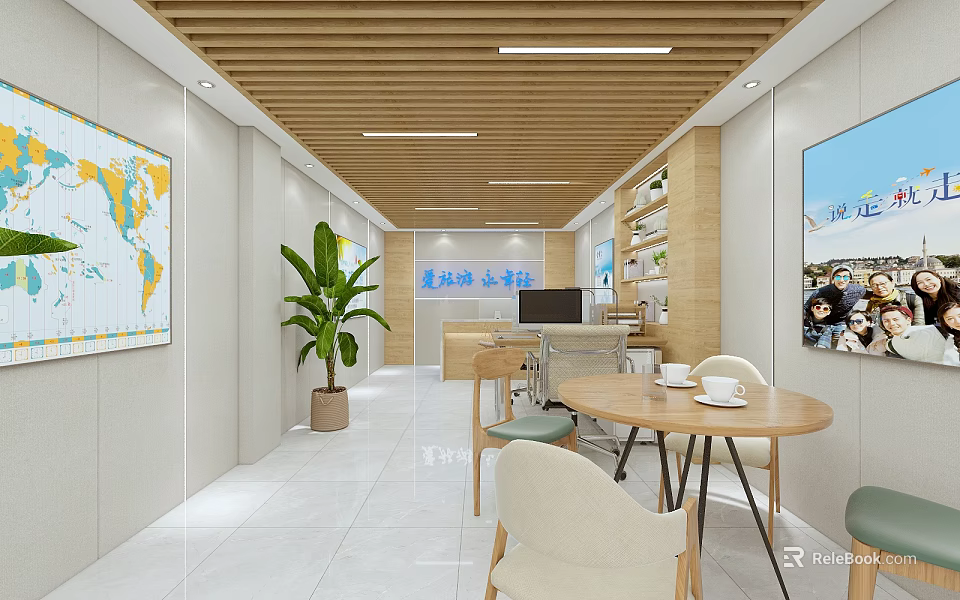 Cozy Water Bar Lounge Interior With Wooden Ceiling World Map Green Plant Tables And Chairs 3d model 