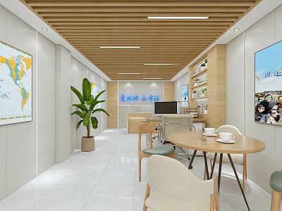 Cozy Water Bar Lounge Interior With Wooden Ceiling World Map Green Plant Tables And Chairs 3d model
