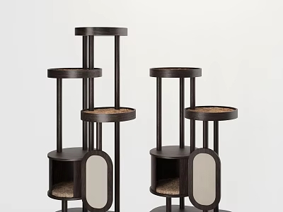 Modern Black Frame Shelf Units With Circular Tiers Mirrored Panels And Woven Shelves 3d model