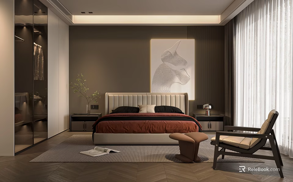 Modern Double Bed Bedroom Interior With Artwork Nightstands Armchair Rug And Wooden Flooring 3d model 