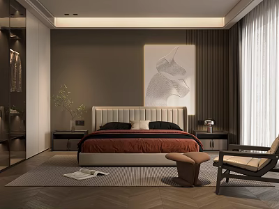 Modern Double Bed Bedroom Interior With Artwork Nightstands Armchair Rug And Wooden Flooring 3d model
