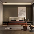 Modern Double Bed Bedroom Interior With Artwork Nightstands Armchair Rug And Wooden Flooring