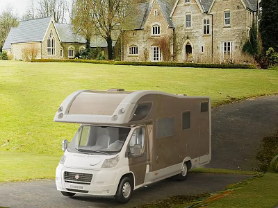 Luxury Motorhome Parked On Driveway Near Large House With Green Lawn 3d model