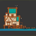 Cartoon Style Orange House With Green Roof On Blue Water Dock Scene