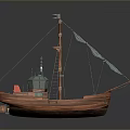 Wooden Sailboat Model With Brown Hull Green Sails Red Lifebuoy And Green Lantern
