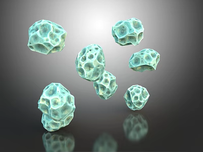 Green Polyhedral Stones With Porous Surface Floating On Gray Background With Reflections 3d model