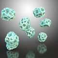 Green Polyhedral Stones With Porous Surface Floating On Gray Background With Reflections 3d model