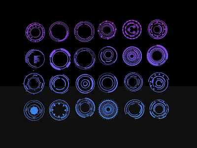 Geometric Mechanical Style Sculpture Carvings With Purple And Blue Circular Designs On Black Background 3d model