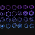 Geometric Mechanical Style Sculpture Carvings With Purple And Blue Circular Designs On Black Background