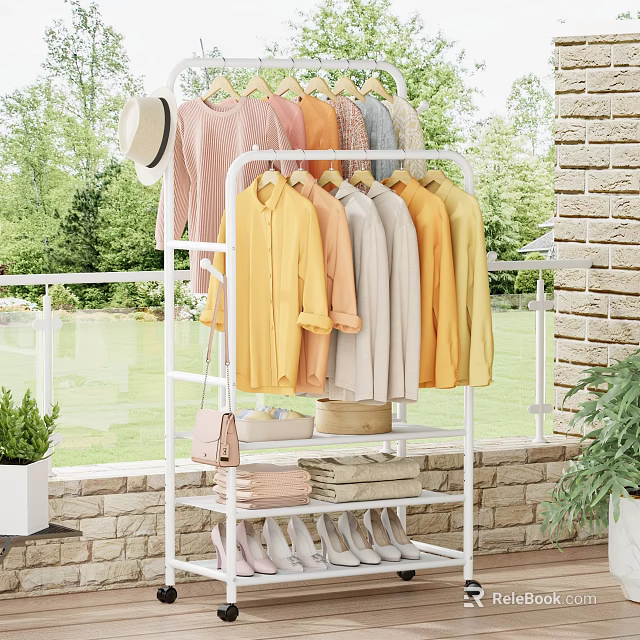 White Clothing Rack With Colorful Shirts Folded Clothes And Shoes In Outdoor Patio 3d model 