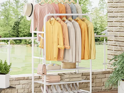 White Clothing Rack With Colorful Shirts Folded Clothes And Shoes In Outdoor Patio 3d model