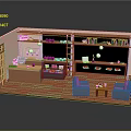 Cartoon Room Scene With Bookshelves Blue Sofas Wooden Table And Cabinets