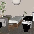 Relaxing Massage Beds In Modern Spa Room With Wooden Stools Green Plants And Hanging Lamp