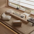 Natural Style Tea Table and Chairs with Cushions Woven Rug and Tea Set by Window