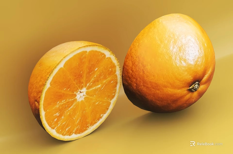 Fresh Juicy Oranges with One Whole and One Sliced on Yellow Background 3d model 