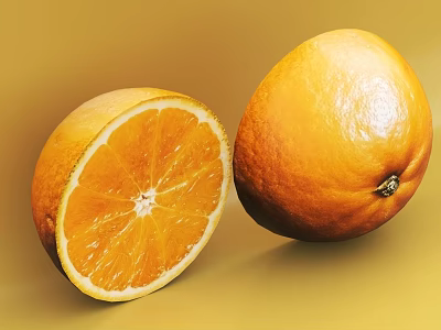 Fresh Juicy Oranges with One Whole and One Sliced on Yellow Background 3d model Fresh Juicy Oranges with One Whole and One Sliced on Yellow Background 3d model