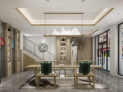 Modern Chinese Teahouse Interior With Wooden Furniture Tea Sets And Decorative Paintings 3d model