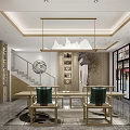 Modern Chinese Teahouse Interior With Wooden Furniture Tea Sets And Decorative Paintings