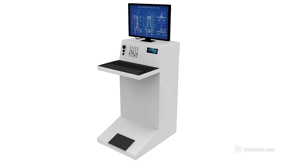 White Locker Cabinet Featuring Monitor Blueprint Display Keyboard Tray And Foot Pedal 3d model 