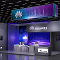 Huawei Exhibition Booth With Large Display Screens Tech Themed Lighting And Tables Chairs