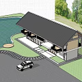 Modern Detached Villa With Wooden Roof Large Glass Windows And Off Road Vehicle In Grassland
