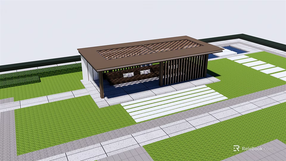 Outdoor Landscape Pavilion With Slatted Roof Green Lawn And Stone Path 3d model 