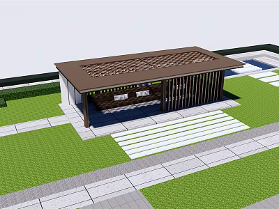 Outdoor Landscape Pavilion With Slatted Roof Green Lawn And Stone Path 3d model