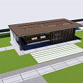 Outdoor Landscape Pavilion With Slatted Roof Green Lawn And Stone Path